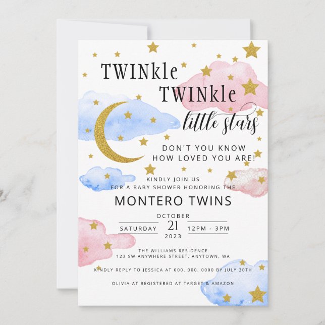 TWINkle TWINkle Little Star Gender Reveal Party Einladung (Vorderseite)