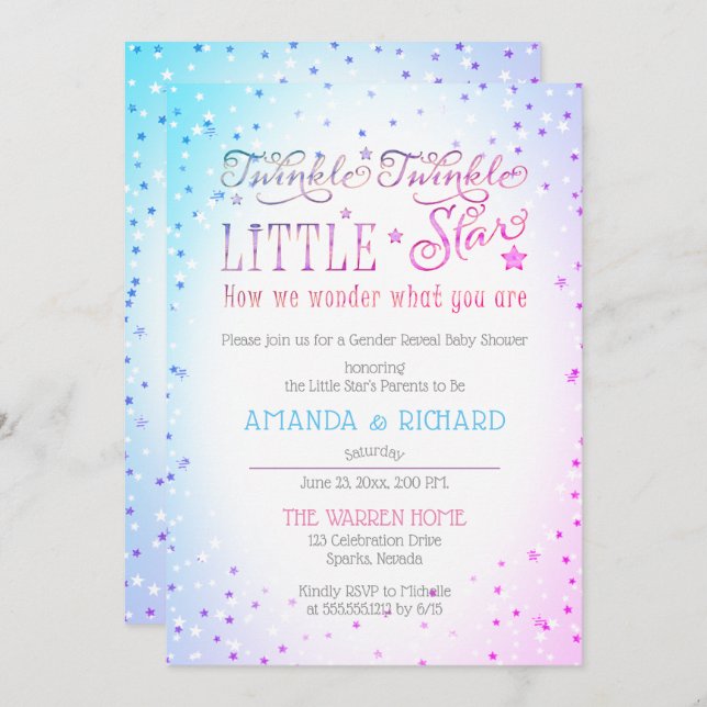 Twinkle Twinkle Little Star Gender Revewer Dusche Einladung (Vorne/Hinten)