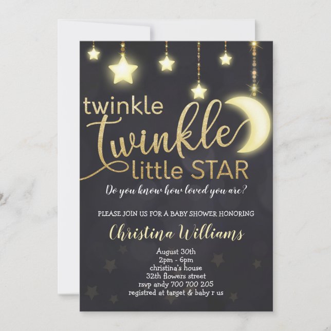 Twinkle Twinkle Little Star Gold Baby Dusche Einladung (Vorderseite)