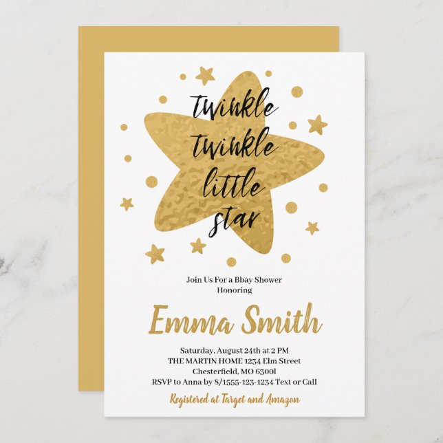 Twinkle Twinkle Little Star Gold Stars Kinderdusch Einladung (Vorne/Hinten)
