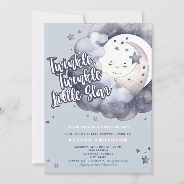 Twinkle Twinkle Little Star Moon Babydusche Einladung (Vorderseite)