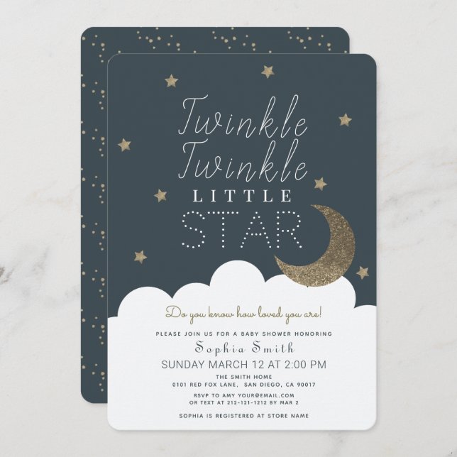 Twinkle Twinkle Little Star Navy Blue Baby Dusche Einladung (Vorne/Hinten)
