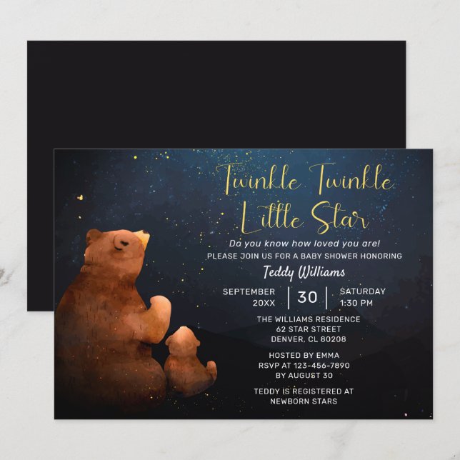 Twinkle Twinkle Little Star Niedlich Bear Baby Dus Einladung (Vorne/Hinten)