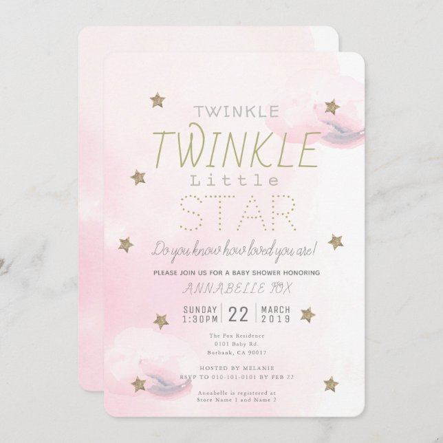 Twinkle Twinkle Little Star Pink Girl Babydusche Einladung (Vorne/Hinten)