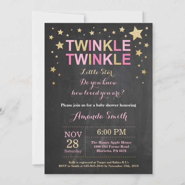 Twinkle Twinkle Little Star Pink Gold Baby Dusche Einladung (Vorderseite)