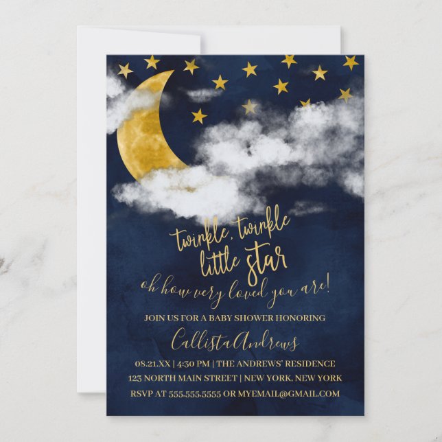 Twinkle Twinkle Little Star Quote Moon Babydusche Einladung (Vorderseite)
