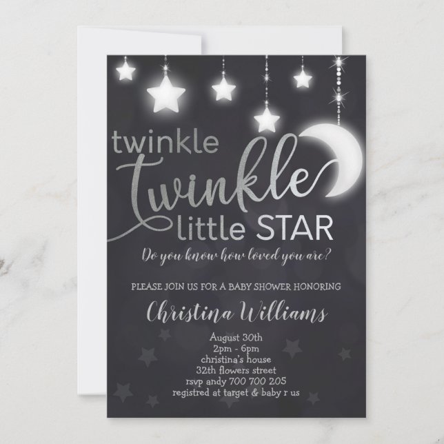 Twinkle Twinkle Little Star Silver Baby Dusche Einladung (Vorderseite)