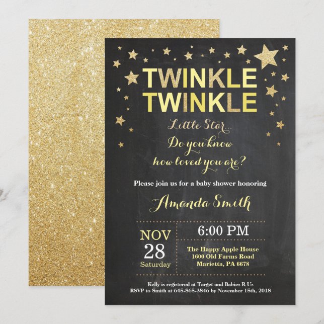 Twinkle Twinkle Little Star Yellow Baby Dusche Einladung (Vorne/Hinten)