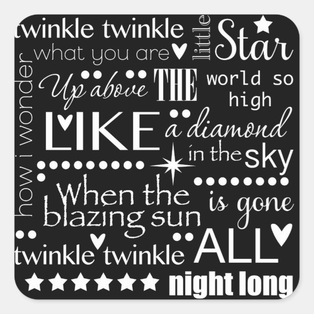 Twinkle Twinkle Little Start Word Art Text Design Quadratischer Aufkleber (Vorderseite)