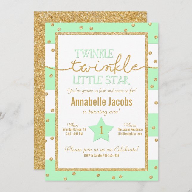 Twinkle Twinkle Mint und Gold Einladung zum Geburt (Vorne/Hinten)