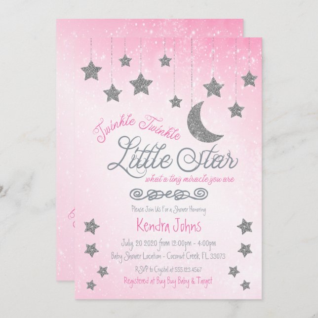 Twinkle Twinkle, Pink Baby Dusche Einladung (Vorne/Hinten)