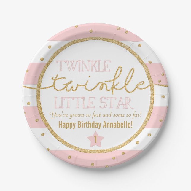 Twinkle Twinkle Pink und Gold Geburtstags-Teller Pappteller (Vorderseite)