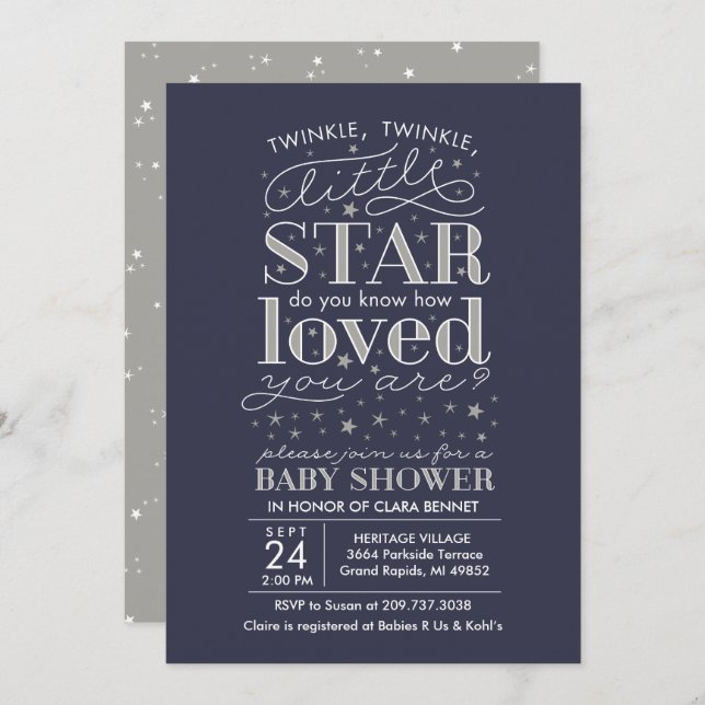 Twinkle Twinkle Star Theme Navy Silver Dusche Einladung (Vorne/Hinten)