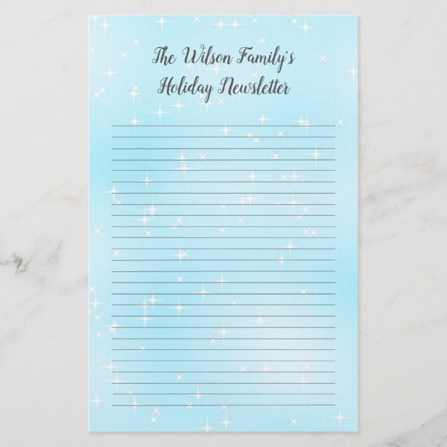 Twinkling Blue Christmas Family Newsletter Lined Briefpapier (Vorderseite)