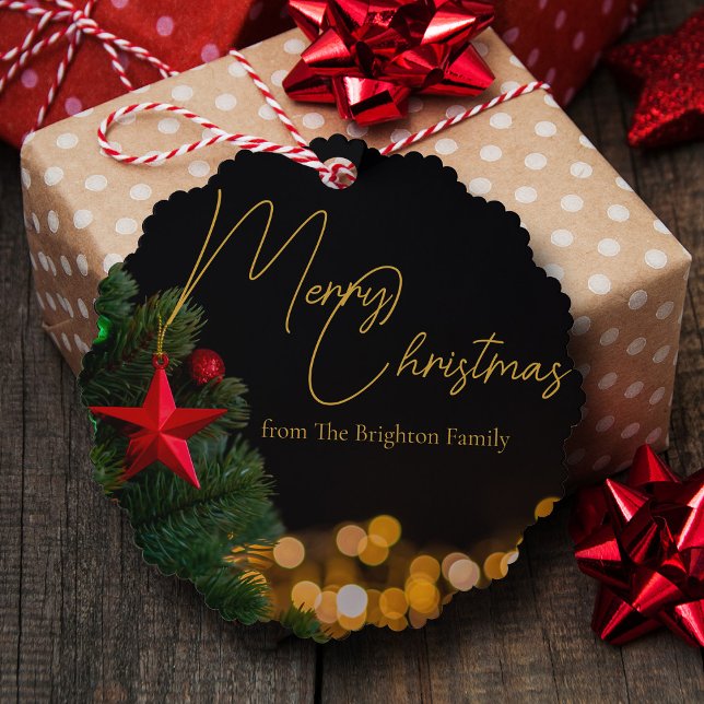 Twinkling Gold Lights Moderne frohe Weihnachten Ornament Karte (Von Creator hochgeladen)