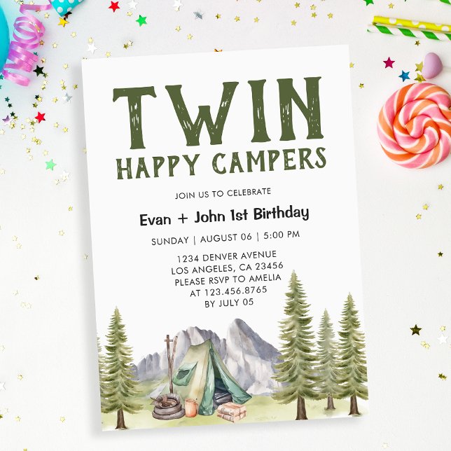 Twins 1. Geburtstag Happy Campers Rustic Einladung (Von Creator hochgeladen)