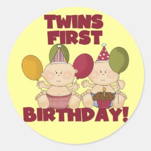 Twins 1. Geburtstag - Jungen T - Shirt und Geschen Runder Aufkleber