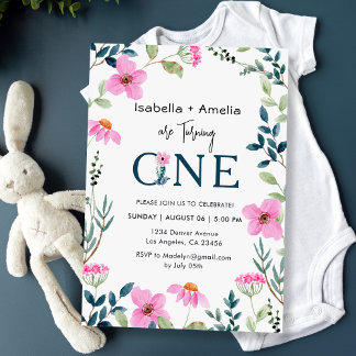 Twins 1. Geburtstag Party Wildblumen Thema Einladung