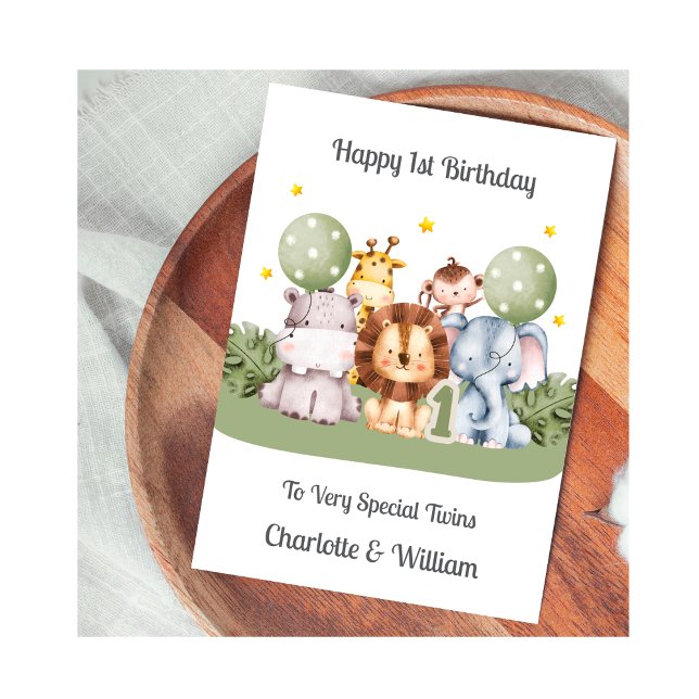 Twins 1st Birthday Safari Leaf Animals Card Karte (Von Creator hochgeladen)