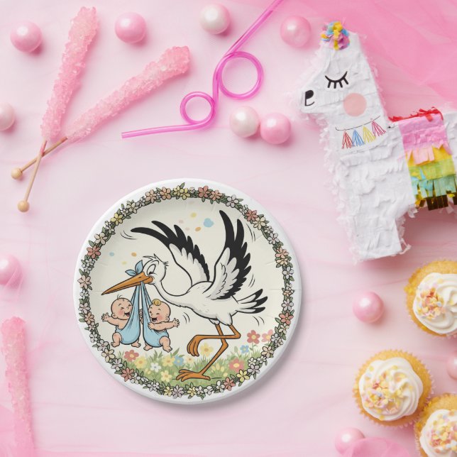Twins and Stork Vintage Design Pappteller (Party)