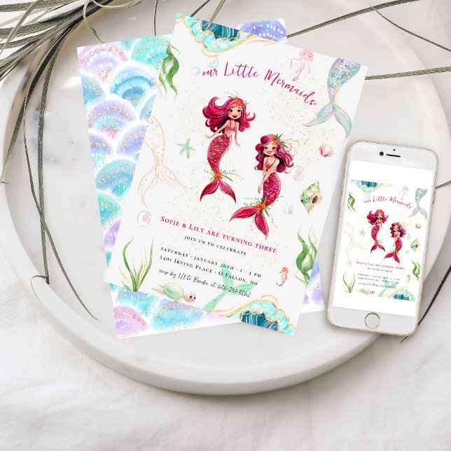 Twins | Aquarell Glitzer Mermaid Birthday Einladung (Von Creator hochgeladen)