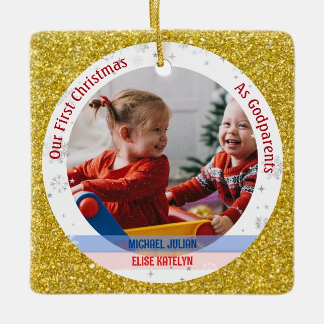 Twins Baby Boy Girl 1. Weihnachten als Godeltern F Keramikornament (Vorderseite)