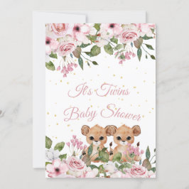 Twins Baby Dusche Niedlich Lion Pink Floral Gold Einladung