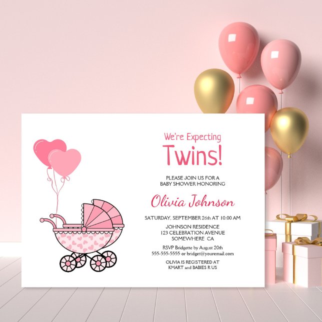 Twins Baby Dusche Pink Balloons und Stroller Einladung (Von Creator hochgeladen)