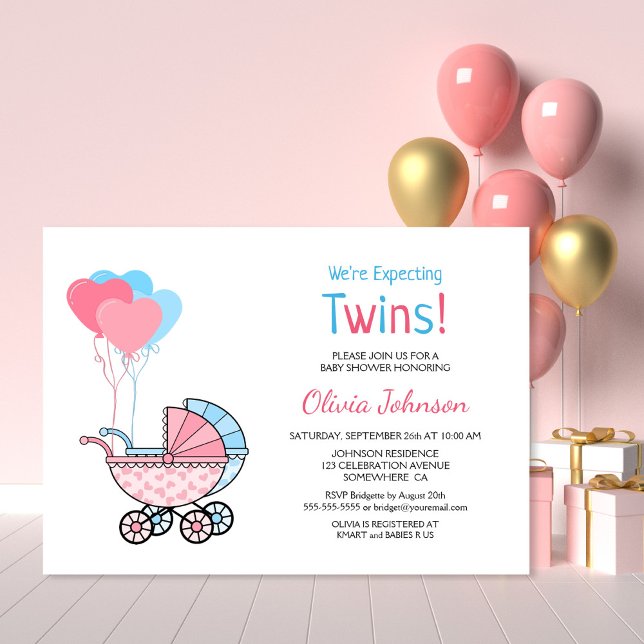 Twins Baby Dusche Pink Blue Balloons und Stroller Einladung (Von Creator hochgeladen)