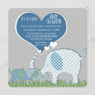 Twins Baby Duwer Heart Elephants Grau Blue Green Einladung