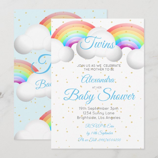 Twins Baby Duwer Regenbogen Wolken Blue Gold Spots Einladung (Vorne/Hinten)