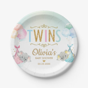 Twins Baby Girl Boy Elefant Balloons Babydusche Pappteller
