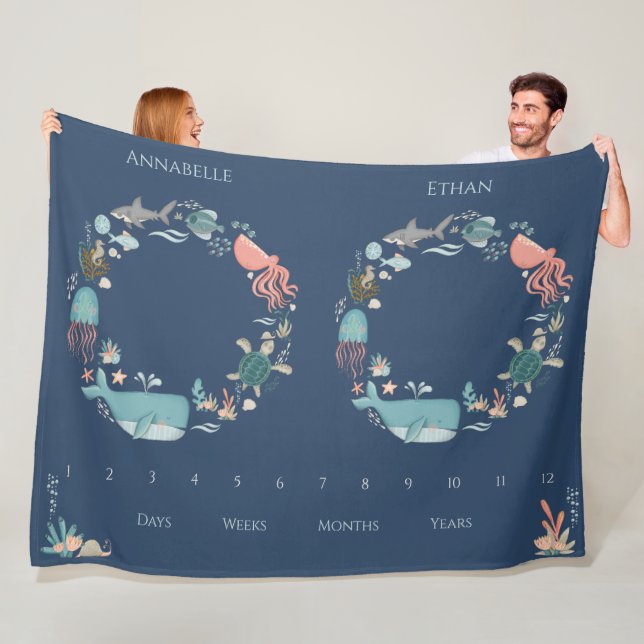 Twins Baby Milestone Blue Under Sea Animal Fleecedecke (Beispiel)