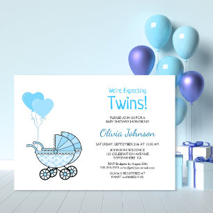 Twins Baby Shower Blue Balloons und Stroller Einladung