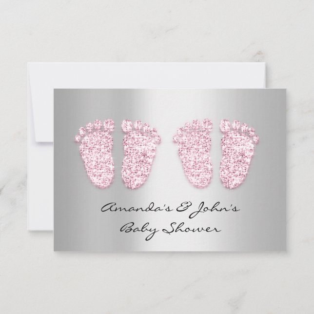 Twins Baby Shower Feet Glitzer Gray Pink Girls Einladung (Rückseite)