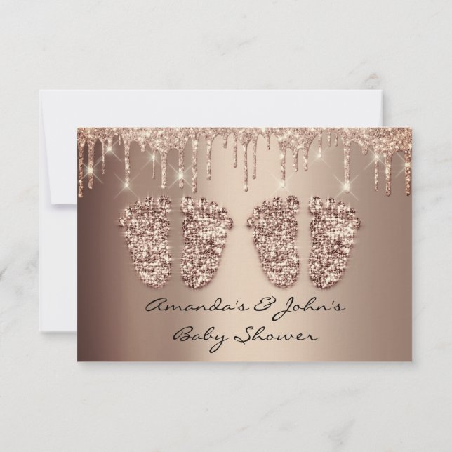 Twins Baby Shower Feet Rose Gold Tropfen Girl Boy Einladung (Rückseite)