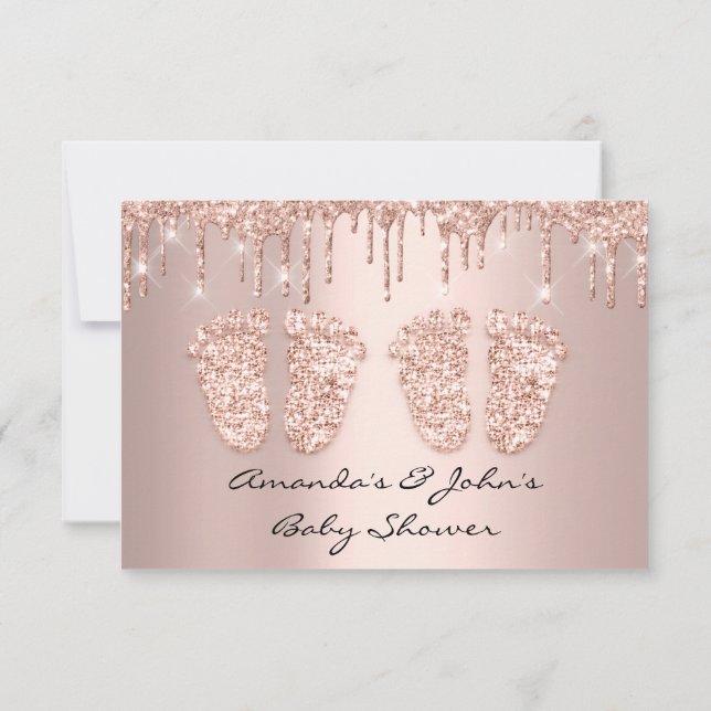 Twins Baby Shower Feet Rose Tropfen Girl Boy Einladung (Rückseite)