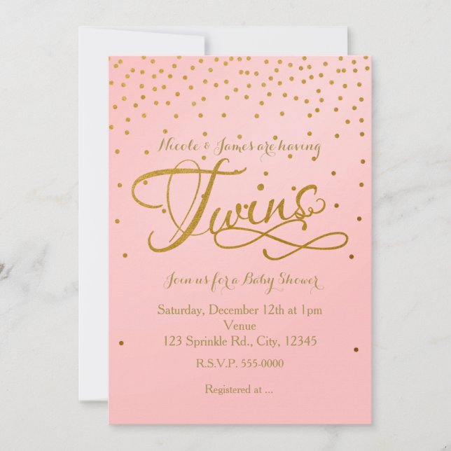 TWINS Baby Shower Girl Pink & Gold Dot Einladung (Vorderseite)