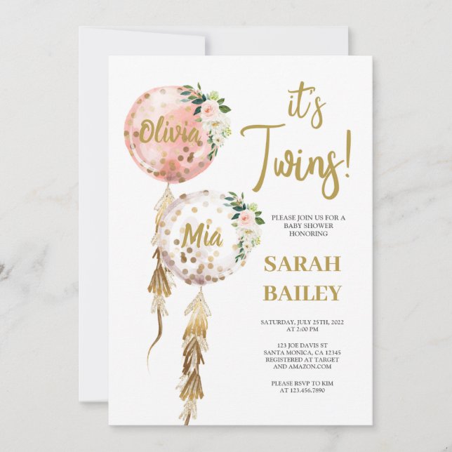 Twins Baby Shower Invitation Girls Einladung (Vorderseite)