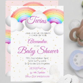 Twins Baby Shower Regenbogen Wolken Pink Gold Spot Einladung
