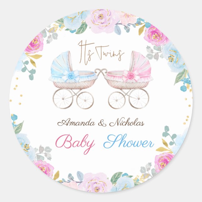 Twins Baby Shower Runder Aufkleber (Vorderseite)