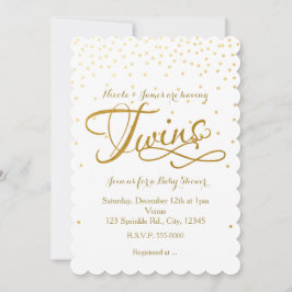 TWINS Baby Shower Unisex White & Gold Einladung