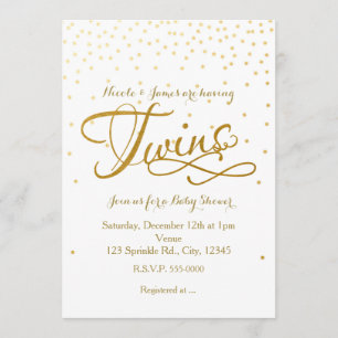 TWINS Baby Shower Unisex White & Gold Einladung