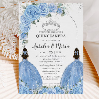 Twins Bahama Blue Floral Dress Silver Quinceañera Einladung