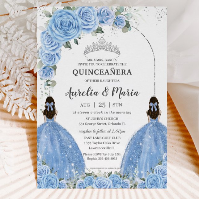 Twins Bahama Blue Floral Dress Silver Quinceañera Einladung (Von Creator hochgeladen)