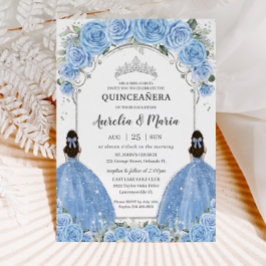 Twins Bahama Sky Blue Floral Silver Quinceañera Einladung