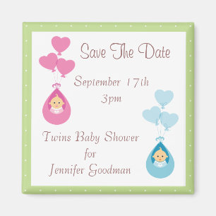 Twins & Balloons Save the Date Babydusche Magnet
