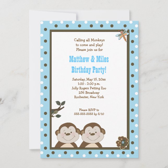 TWINS Bambino Monkey 12x18 Geburtstag Einladung (Vorderseite)