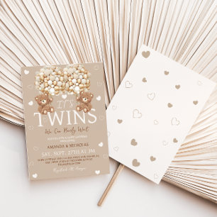 Twins Bear Tan Ivory Hearts & Balloons Babydusche Einladung