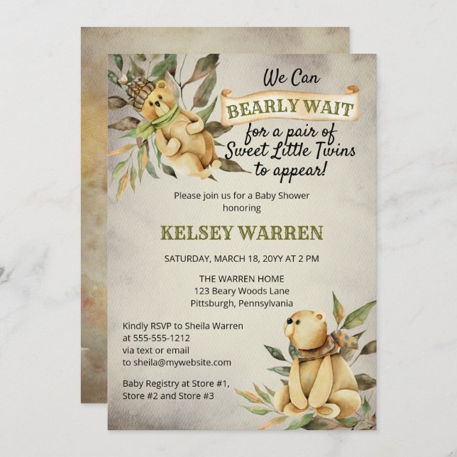 Twins Bearly Wait Woodland Teddy Bear Baby Shower Einladung (Vorne/Hinten)